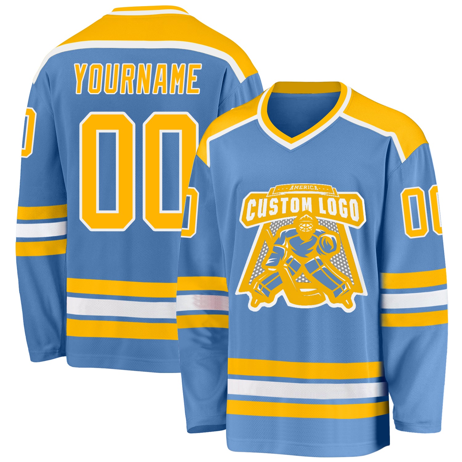 Personalized Light Blue Hockey Jersey with Gold and White Design Personalized Light Blue Gold-White Hockey Jersey