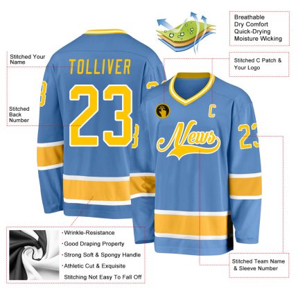 Custom Light Blue Gold-White Hockey Jersey with Personalized Name and Number - Team Apparel Personalized Light Blue Gold-White
