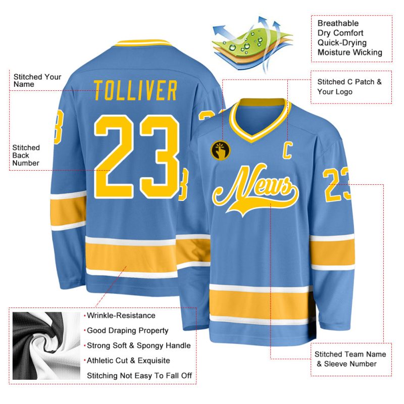Custom Light Blue Gold-White Hockey Jersey with Personalized Name and Number - Team Apparel Personalized Light Blue Gold-White