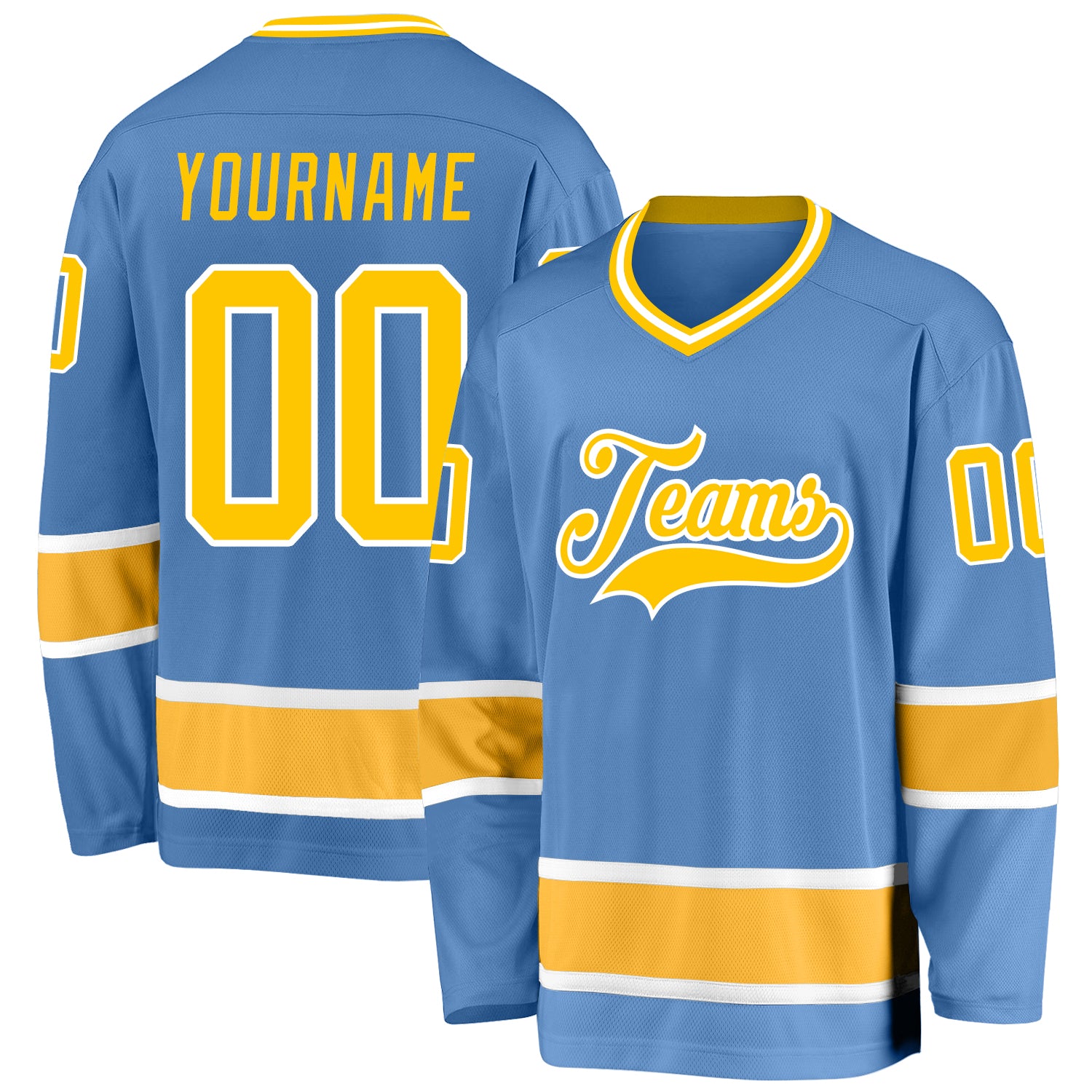 Custom Light Blue Gold-White Hockey Jersey with Personalized Name and Number - Team Apparel Personalized Light Blue Gold-White