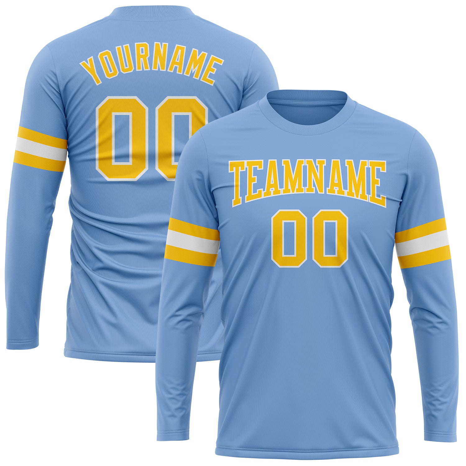Custom Name and Number Performance T-Shirt - Light Blue with Gold-White Long Sleeves Personalized Light Blue Gold-White Long