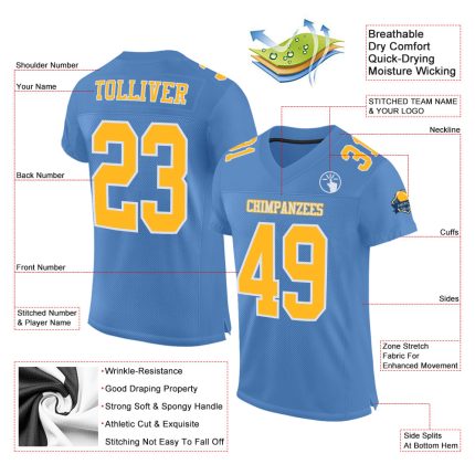 Custom Light Blue Gold-White Authentic Football Jersey with Personalized Name and Number - Team Apparel Personalized Light