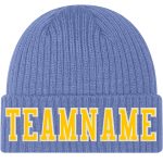 Custom Team Name Number Cuffed Knit Hat Light Blue Gold White Stitched Personalized Beanie Personalized Light Blue Gold-White