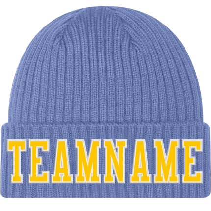 Custom Team Name Number Cuffed Knit Hat Light Blue Gold White Stitched Personalized Beanie Personalized Light Blue Gold-White