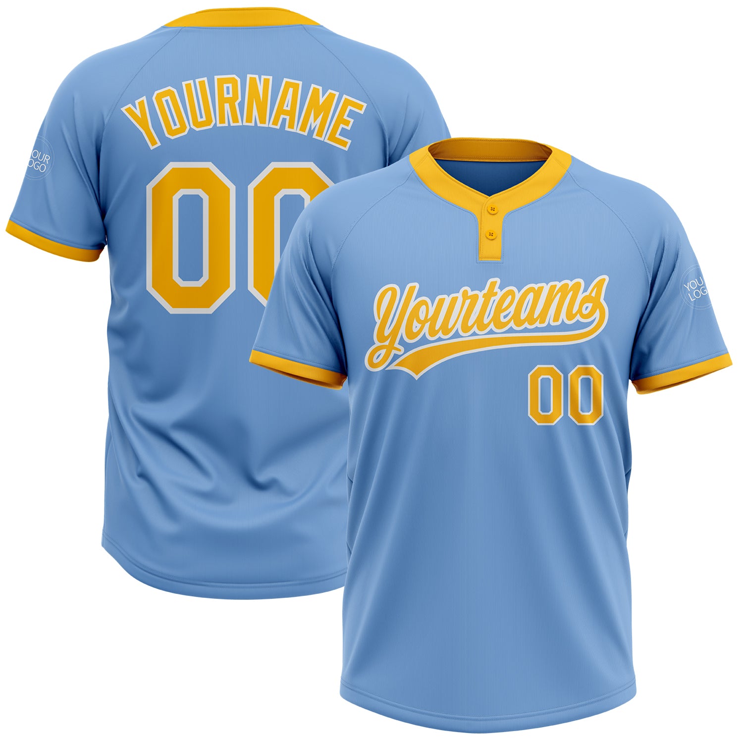 Custom Name and Number Unisex Softball Jersey - Light Blue with Gold-White Two-Button Design Personalized Light Blue Gold-White