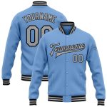 Custom Personalized Varsity Letterman Jacket with Name and Number - Light Blue Gray-Black Bomber Full-Snap Design Personalized