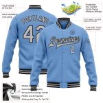 Custom Personalized Varsity Letterman Jacket with Name and Number - Light Blue Gray-Black Bomber Full-Snap Design Personalized