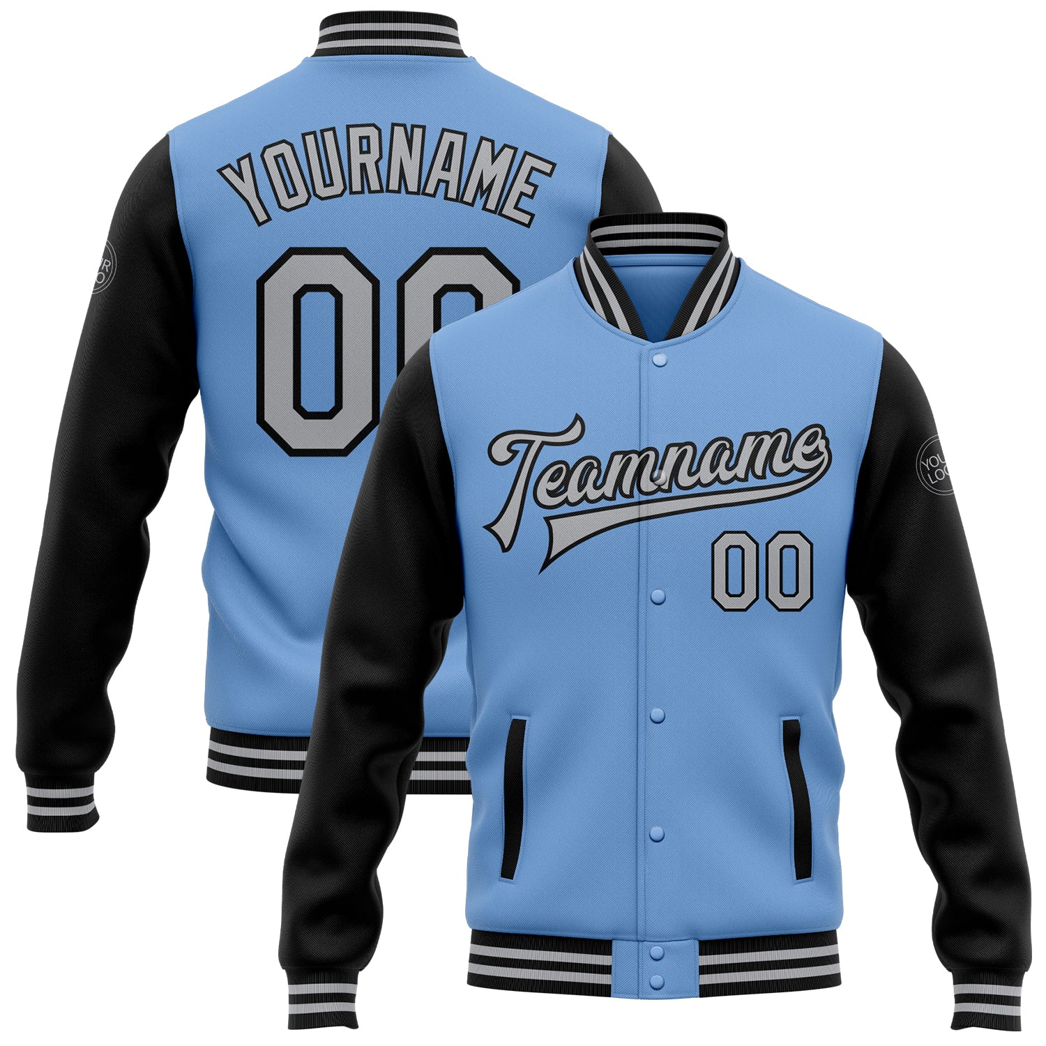 Custom Two Tone Bomber Jacket with Personalized Name and Number in Light Blue Gray and Black - Varsity Full-Snap Letterman