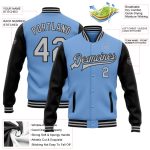 Custom Two Tone Bomber Jacket with Personalized Name and Number in Light Blue Gray and Black - Varsity Full-Snap Letterman
