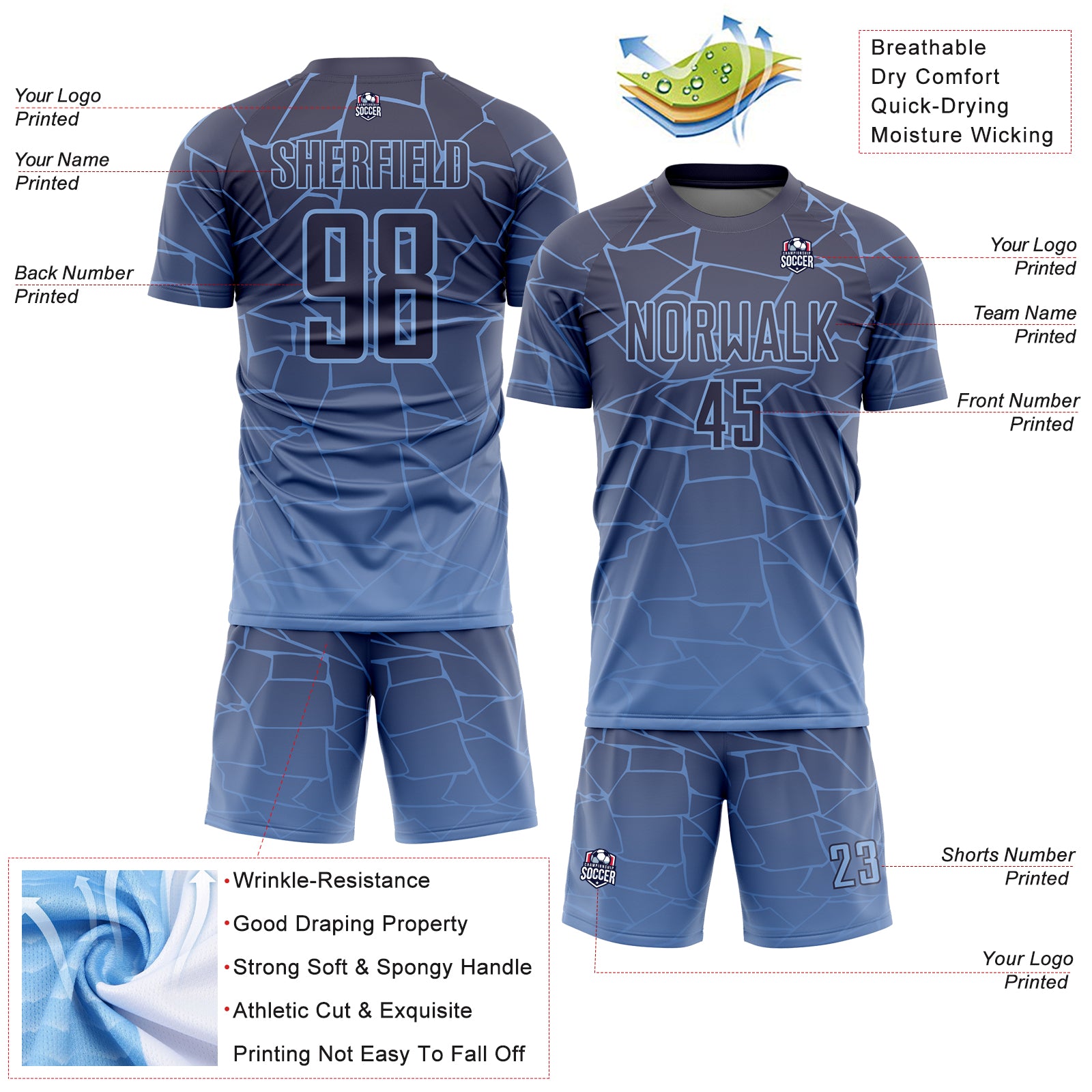 Personalized Light Blue Gray Lines Sublimation Soccer Uniform Jersey Team Custom Name and Number Custom Soccer Jersey with Personalized Name and Number, Light Blue Gray Lines Design, Sublimation Team Uniform Personalized - Image 4