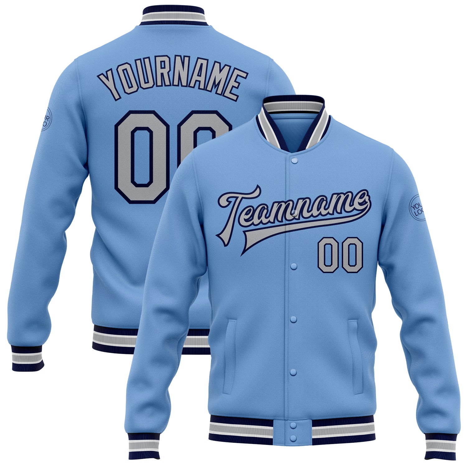 Custom Team Name Number Bomber Jacket Light Blue Gray-Navy Full-Snap Varsity Letterman Personalized Light Blue Gray-Navy