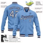 Custom Team Name Number Bomber Jacket Light Blue Gray-Navy Full-Snap Varsity Letterman Personalized Light Blue Gray-Navy