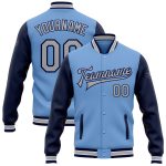 Custom Team Name Number Light Blue Gray-Navy Varsity Letterman Bomber Jacket Full-Snap Two Tone Personalized Light Blue Gray-Navy