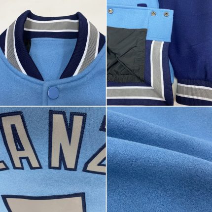 Custom Team Name Number Light Blue Gray-Navy Varsity Letterman Bomber Jacket Full-Snap Two Tone Personalized Light Blue Gray-Navy