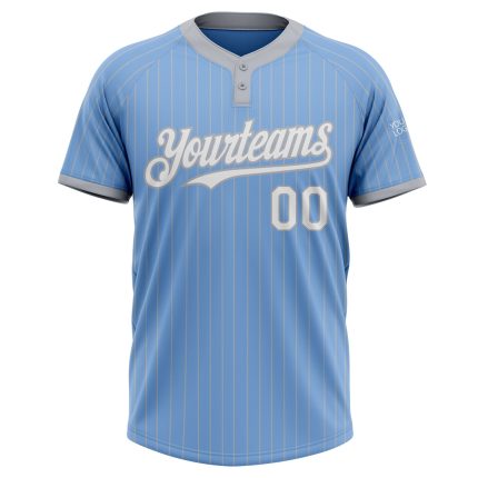 Custom Name and Number Unisex Softball Jersey - Light Blue Gray Pinstripe Two-Button Design Personalized Light Blue Gray
