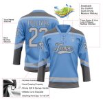 Custom Team Hockey Jersey with Personalized Name and Number in Light Blue Gray and Steel Gray Lace Neck Personalized Light
