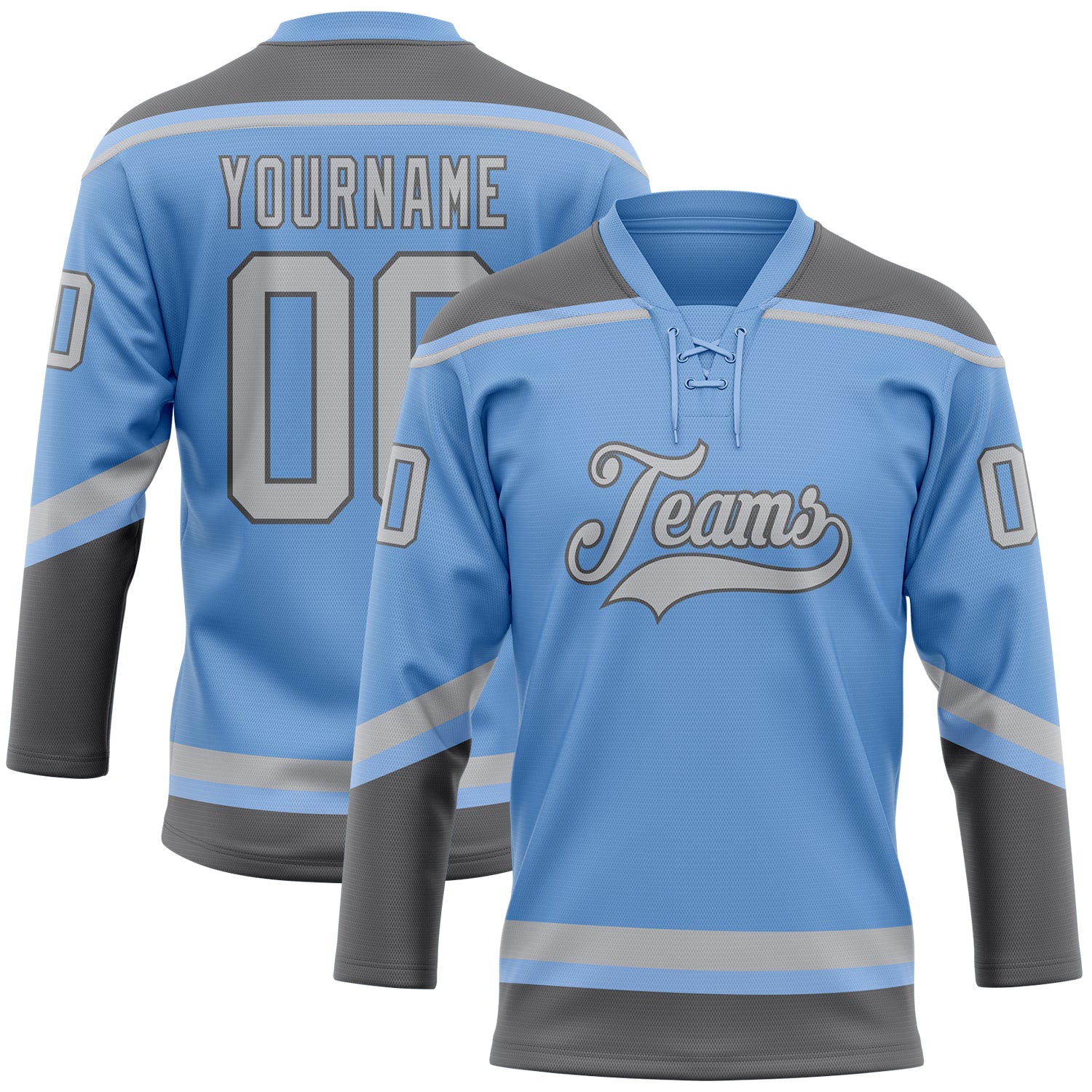 Custom Team Hockey Jersey with Personalized Name and Number in Light Blue Gray and Steel Gray Lace Neck Personalized Light