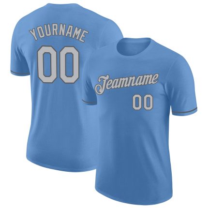 Custom Team Performance T-Shirt with Personalized Name and Number - Light Blue Gray & Steel Gray Personalized Light Blue