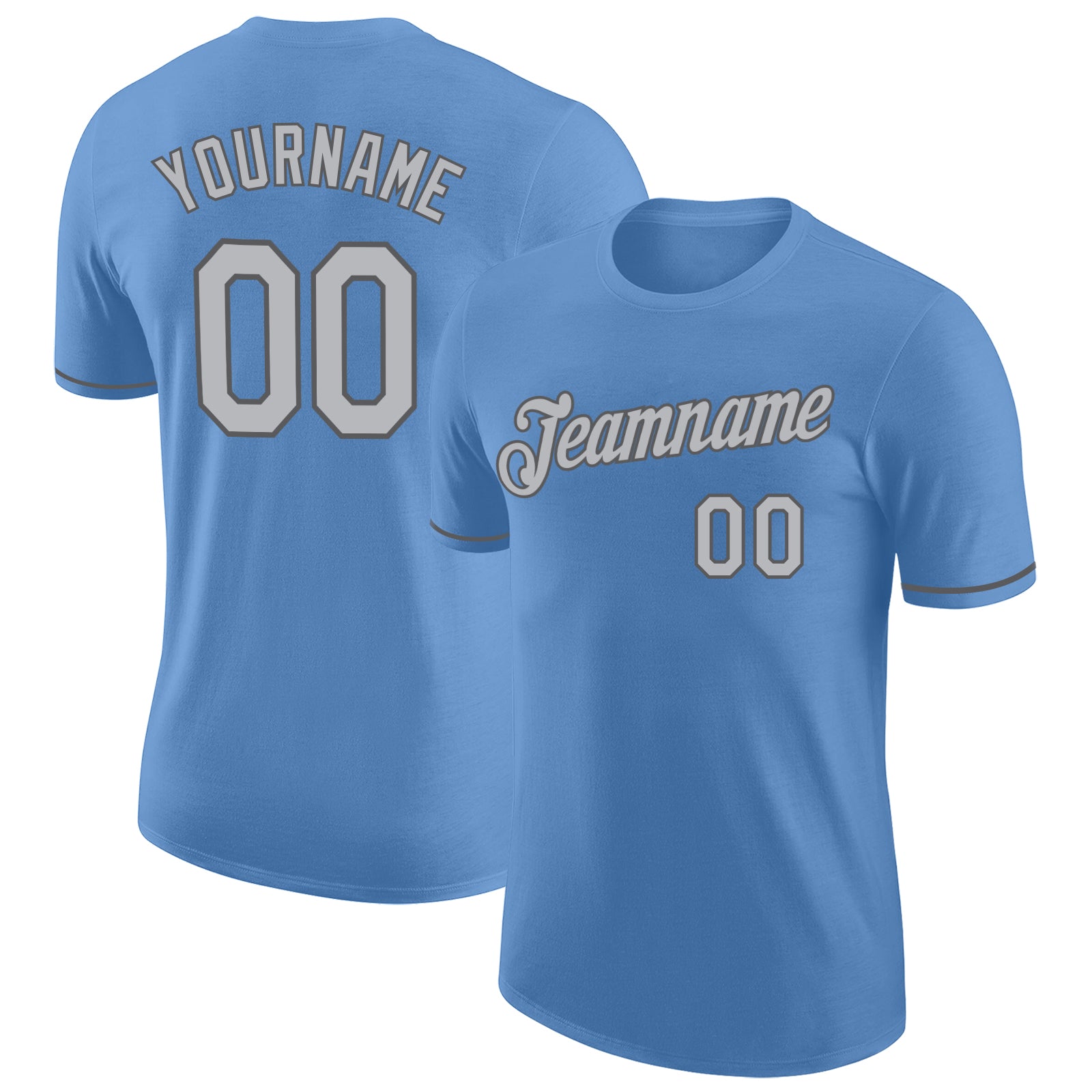 Custom Team Performance T-Shirt with Personalized Name and Number - Light Blue Gray & Steel Gray Personalized Light Blue