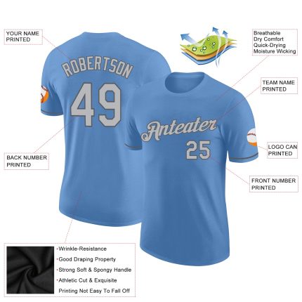 Custom Team Performance T-Shirt with Personalized Name and Number - Light Blue Gray & Steel Gray Personalized Light Blue