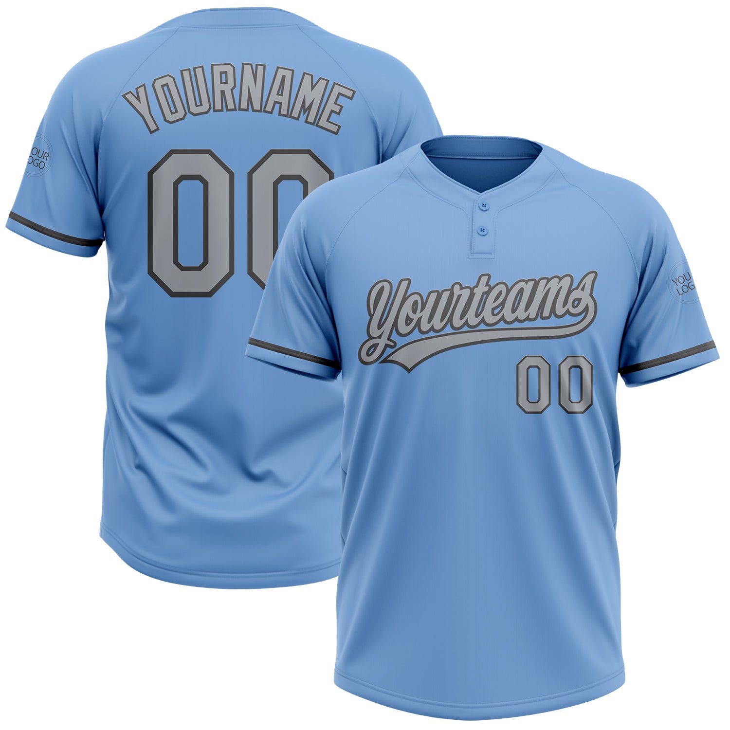 Custom Name and Number Softball Jersey - Unisex Two-Button Light Blue Gray-Steel Gray Personalized Light Blue Gray-Steel