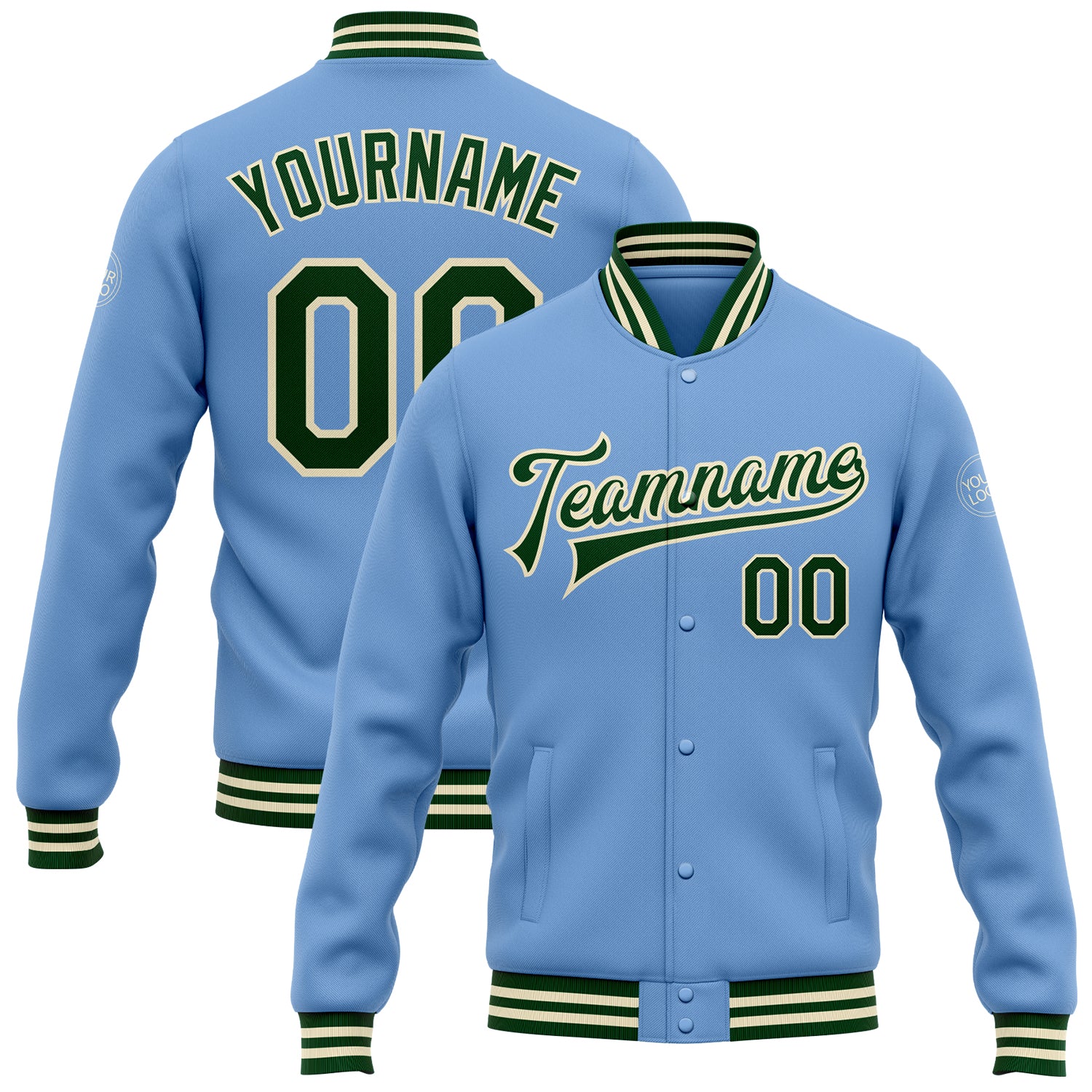 Custom Team Name Number Light Blue Green Cream Varsity Letterman Bomber Jacket Full-Snap Personalized Personalized Light