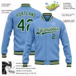 Custom Team Name Number Light Blue Green Cream Varsity Letterman Bomber Jacket Full-Snap Personalized Personalized Light