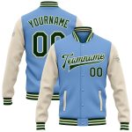 Customizable Light Blue Green-Cream Two-Tone Varsity Bomber Jacket with Name and Number - Full-Snap Letterman Style Personalized
