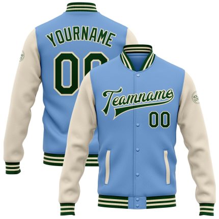Customizable Light Blue Green-Cream Two-Tone Varsity Bomber Jacket with Name and Number - Full-Snap Letterman Style Personalized