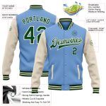 Customizable Light Blue Green-Cream Two-Tone Varsity Bomber Jacket with Name and Number - Full-Snap Letterman Style Personalized