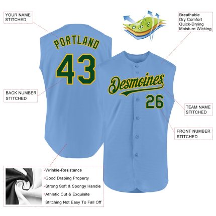 Custom Name Number Personalized Light Blue Green-Gold Baseball Jersey Authentic Sleeveless Team Apparel Personalized Light