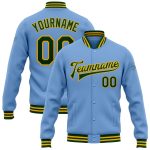 Custom Varsity Letterman Jacket with Team Name & Number - Personalized Light Blue Green-Gold Full-Snap Bomber Personalized