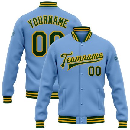Custom Varsity Letterman Jacket with Team Name & Number - Personalized Light Blue Green-Gold Full-Snap Bomber Personalized