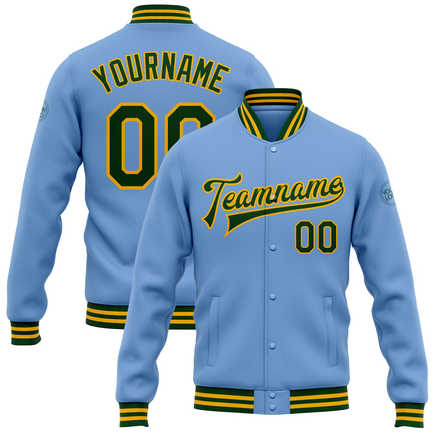 Custom Varsity Letterman Jacket with Team Name & Number - Personalized Light Blue Green-Gold Full-Snap Bomber Personalized