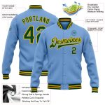 Custom Varsity Letterman Jacket with Team Name & Number - Personalized Light Blue Green-Gold Full-Snap Bomber Personalized