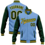 Customizable Light Blue Green-Gold Varsity Letterman Bomber Jacket with Team Name and Number Full-Snap Design Personalized