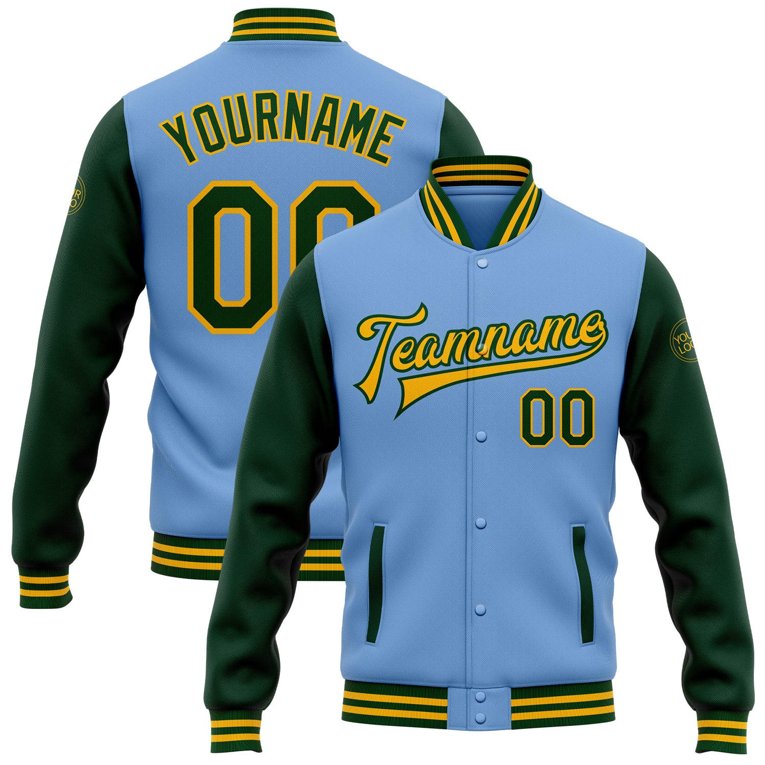 Customizable Light Blue Green-Gold Varsity Letterman Bomber Jacket with Team Name and Number Full-Snap Design Personalized