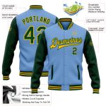Customizable Light Blue Green-Gold Varsity Letterman Bomber Jacket with Team Name and Number Full-Snap Design Personalized