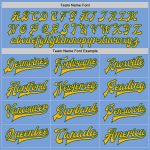 Customizable Light Blue Green-Gold Varsity Letterman Bomber Jacket with Team Name and Number Full-Snap Design Personalized