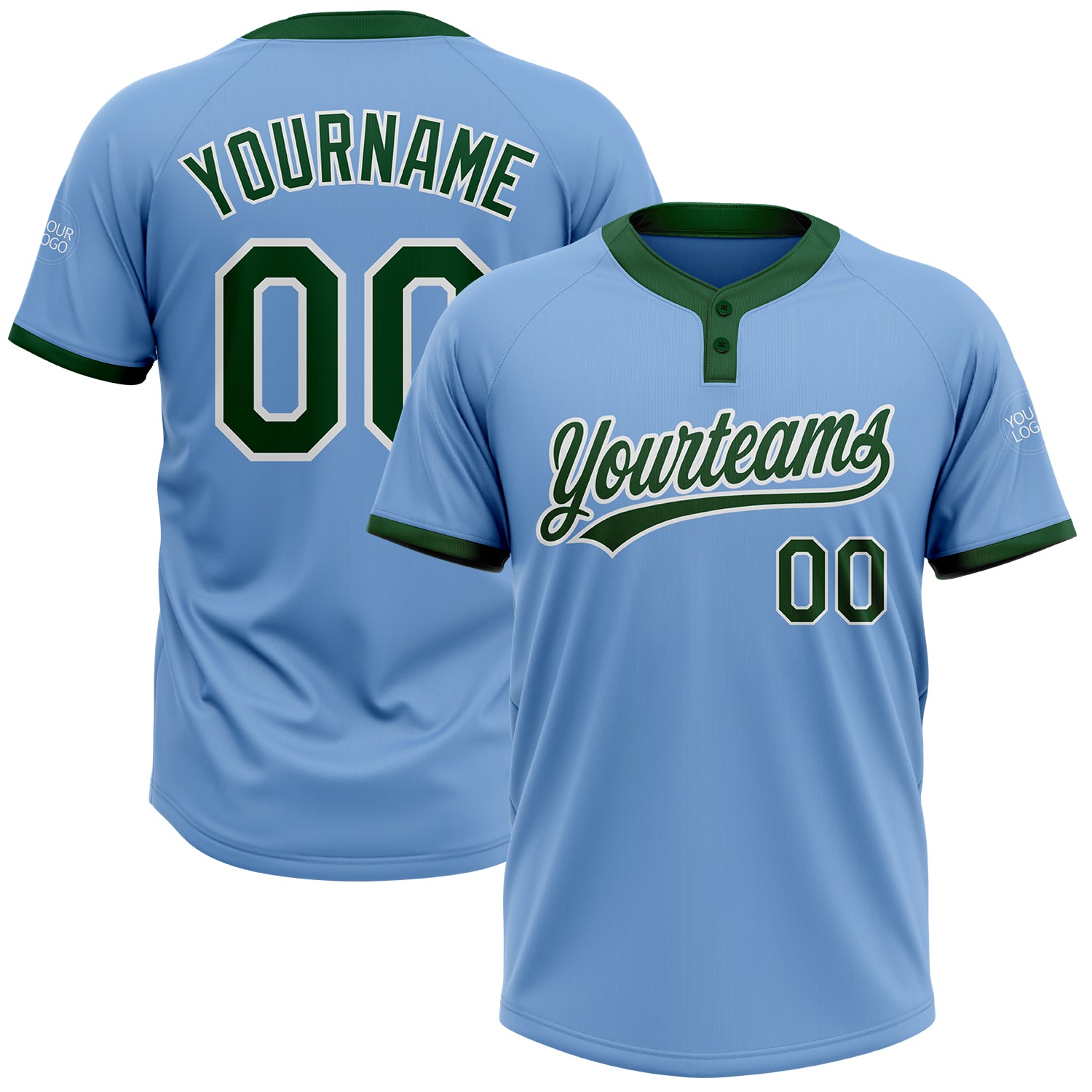 Custom Team Softball Jersey - Personalized Light Blue Green White Two-Button Unisex with Custom Name and Number Personalized