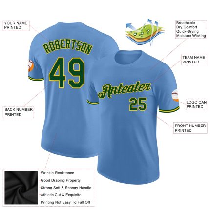 Custom Team Performance T-Shirt with Name and Number - Light Blue Green-Yellow Personalized Light Blue Green-Yellow Performance