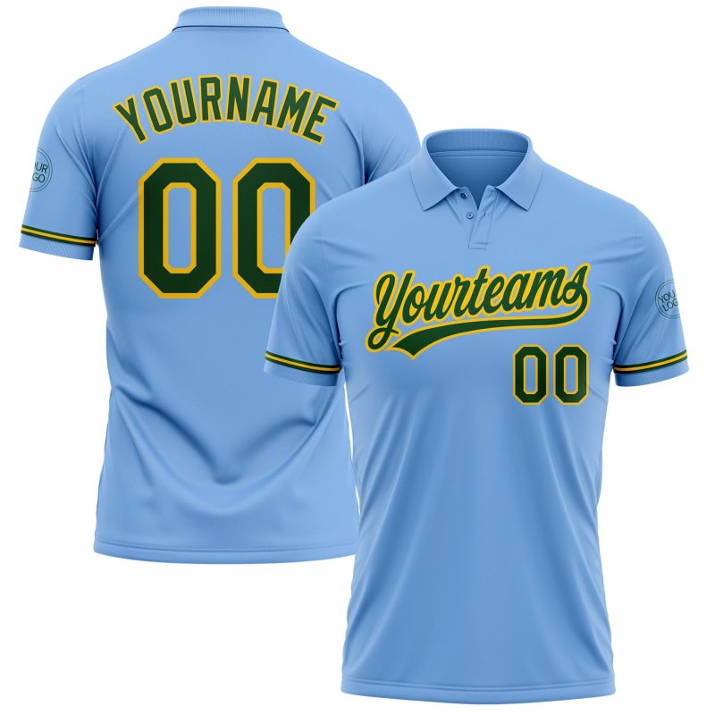 Custom Name and Number Performance Golf Polo Shirt - Light Blue Green-Yellow Personalized Light Blue Green-Yellow Performance