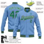 Custom Personalized Varsity Letterman Jacket with Name and Number - Light Blue, Kelly Green, Cream-Black Bomber Style Personalized