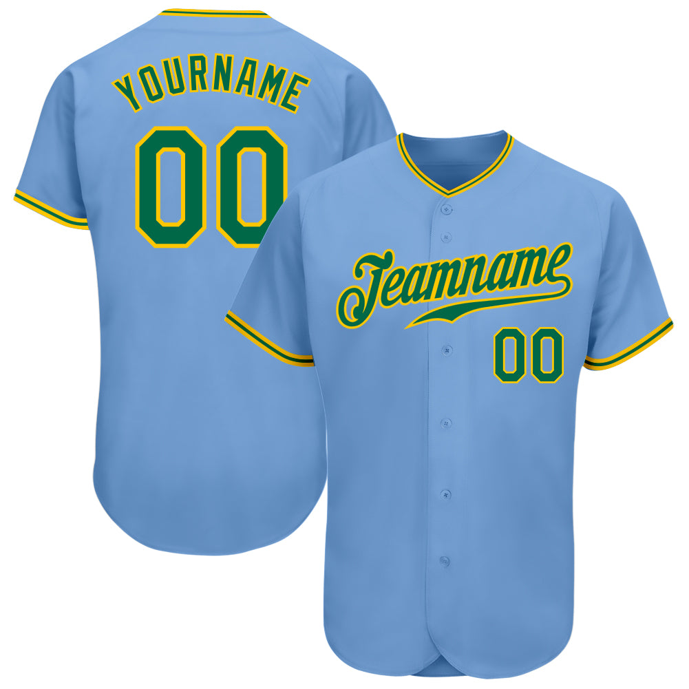 Custom Name and Number Baseball Jersey Light Blue Kelly Green Gold - Authentic Team Apparel Personalized Light Blue Kelly
