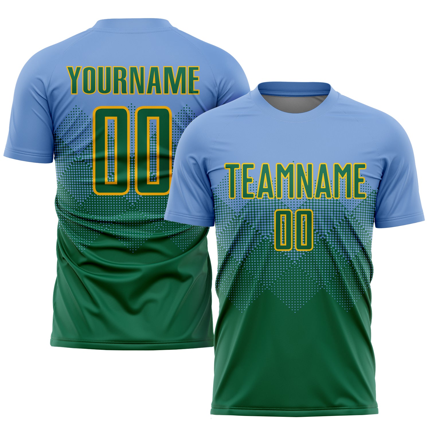 Custom Name and Number Sublimation Soccer Jersey - Personalized Light Blue and Kelly Green-Gold Team Uniform Personalized
