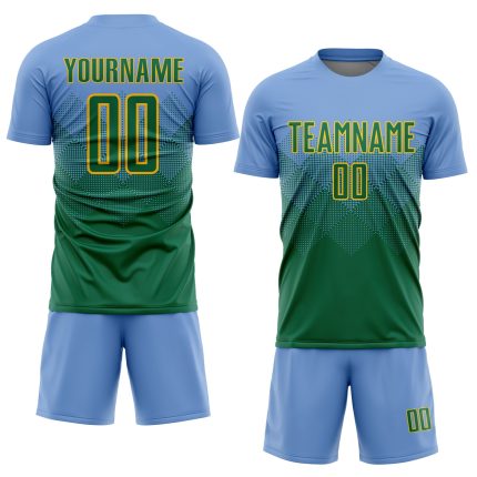 Custom Name and Number Sublimation Soccer Jersey - Personalized Light Blue and Kelly Green-Gold Team Uniform Personalized