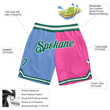 Custom Name Number Basketball Shorts - Personalized Light Blue Kelly Green-Pink Authentic Throwback Split Fashion Personalized
