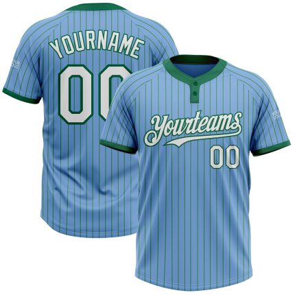 Custom Name and Number Light Blue Kelly Green Pinstripe Two-Button Unisex Softball Jersey Personalized Light Blue Kelly Green