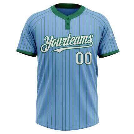 Custom Name and Number Light Blue Kelly Green Pinstripe Two-Button Unisex Softball Jersey Personalized Light Blue Kelly Green