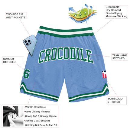 Personalized Light Blue Basketball Shorts with Kelly Green and White - Authentic Throwback Design Personalized Light Blue